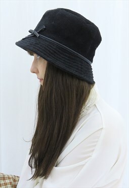 90s Vintage Black Furry Bucket Hat