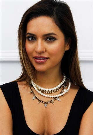 NEW WOMENS LADIES PEARL DIAMANTE MULTICHAIN NECKLACE