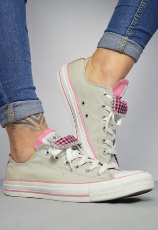90S CONVERSE BEIGE PINK BLACK CHECKED DOUBLE TONGUE OX SHOES