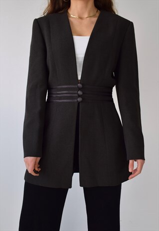 VINTAGE 80S DESIGNER TAILORED COLLARLESS BLAZER JACKET