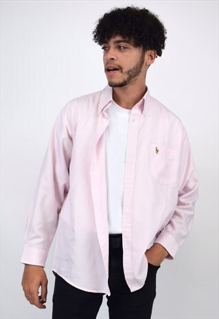 VINTAGE 90S RALPH LAUREN PINK & WHITE STRIPE BUTTON UP SHIRT