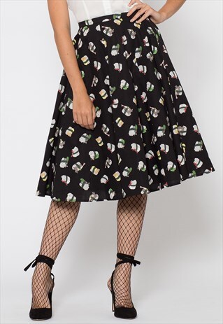 REVIVAL BLACK CAT SUSHI PRINT SKIRT