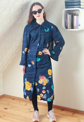 NAVY FLORAL WIDE SLEEVE BELTED DRESS