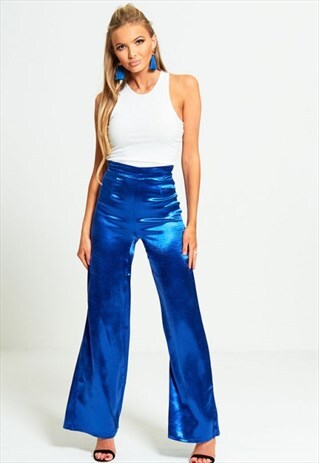 BLUE HIGH WAISTED SHINE WIDE LEG TROUSERS