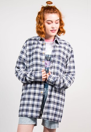 90'S NAVY CHECK PATTERN GRUNGE OVERSIZE FLANNEL SHIRT