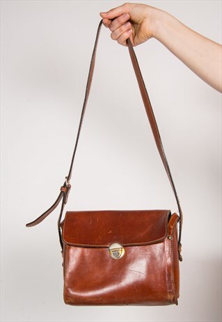 90'S VINTAGE SATCHEL BROWN LEATHER SHOULDER BAG