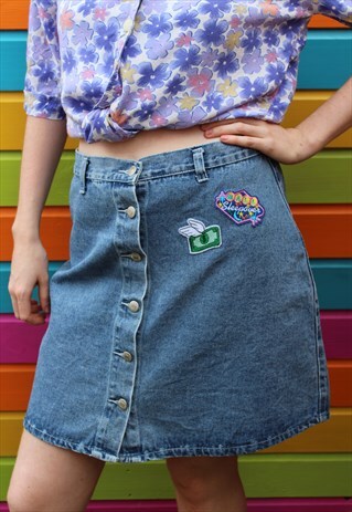 VINTAGE 90'S BLUE DENIM SKATER SKIRT PINK GREEN MONEY BADGES