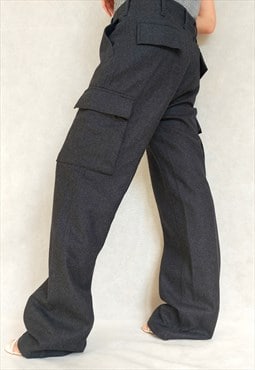 Vintage Dark Gray Wool Cargo Trousers, Very Large Size