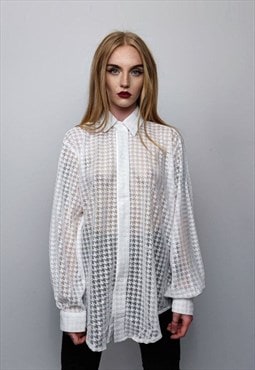 Mesh shirt long sleeve transparent top dog-tooth blouse