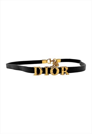 Christian Dior Necklace Choker Gold Logo Black Leather