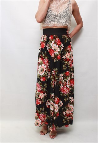 VINTAGE 90' AMAZING LONG WIDE-LEG BLACK FLOWER TROUSERS