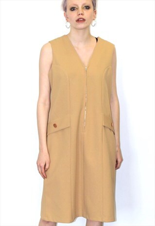70S VINTAGE CAMEL BEIGE V-NECK PANEL MIDI BOHO TEA DRESS
