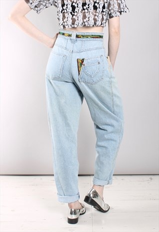 VINTAGE 80S WOVEN DETAIL PLEAT FRONT MOM JEANS