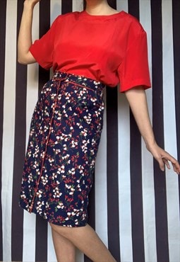 Vintage 70s navy midi skirt with red and white florals, Uk12