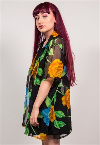 VINTAGE 90'S BLACK ROSE PRINT SHEER OVERSIZED SHIRT