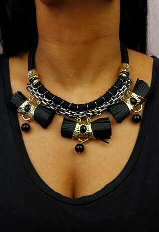 BLACK & SILVER FRINGE ROPE CHUNKY STATEMENT NECKLACE