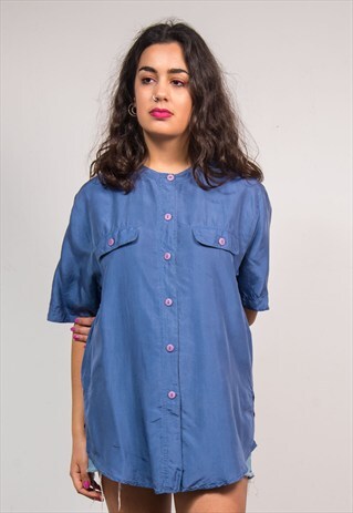90'S VINTAGE BLUE SHORT SLEEVE SILK BLOUSE SHIRT