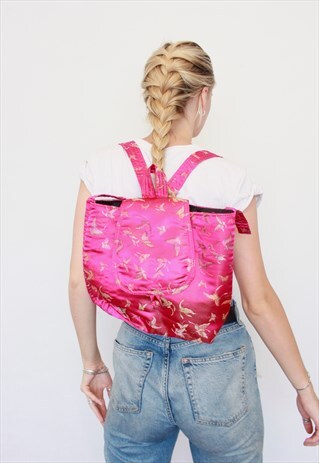 VINTAGE SATIN SHINY HOT PINK GOLD BUTTERFLY PATTERN BACKPACK