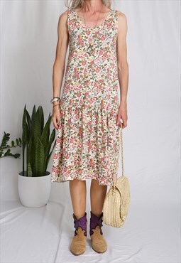 80s vintage floral summer dress sleeveless loose fit