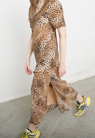 VINTAGE LEOPARD PATTERN ASYMMETRICAL CLOSING LONG MAXI DRESS