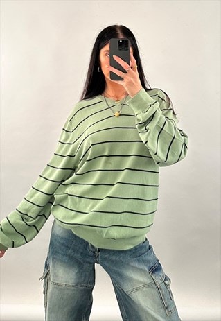 UNISEX VINTAGE NAUTICA GREEN STRIPED V NECK SWEATER JUMPER