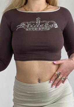 Early 00s brown cropped top with 'princess' print