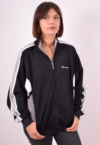 CHAMPION WOMENS VINTAGE TRACKSUIT TOP JACKET XL BLACK 90S