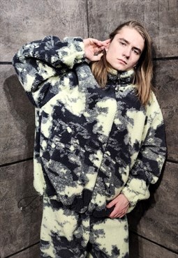 Tie-dye fleece bomber handmade camo sports jacket in green