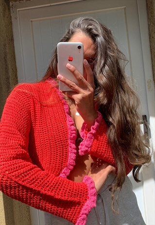 FRILLY FIFI CROCHET CARDIGAN IN RED AND PINK