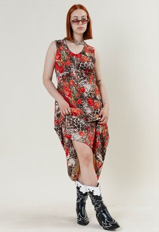 VINTAGE Y2K MULTI FLORAL PRINT MAXI SEMI SHEER DRESS L/XL