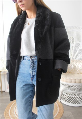 VINTAGE FAUX FUR COAT ONE SIZE BLACK AND GRAY