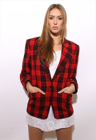 VINTAGE 1980'S 80'S RED BUFFALO CHECK PLAID SUIT BLAZER M-L