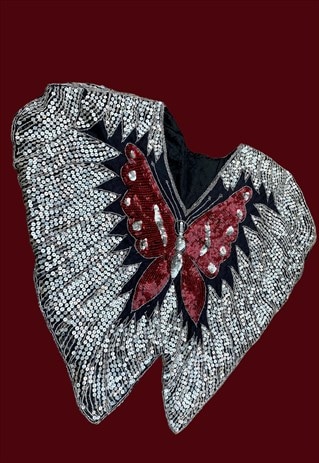 70's Iconic Vintage Ladies Silver Red Butterfly Sequin Top