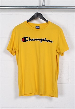 Vintage Champion T-Shirt in Yellow Crewneck Logo Tee Small