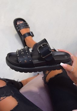 Chunky Studded Buckle Sandals - Black