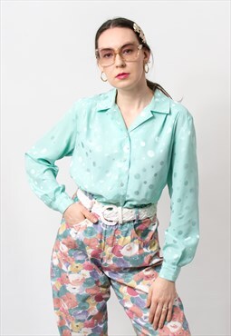 Vintage 80's satin blouse in green long sleeve shirt women