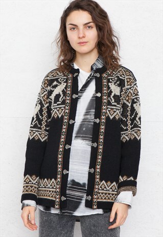 VINTAGE BLACK KNIT WOOL CARDIGAN SWEATER