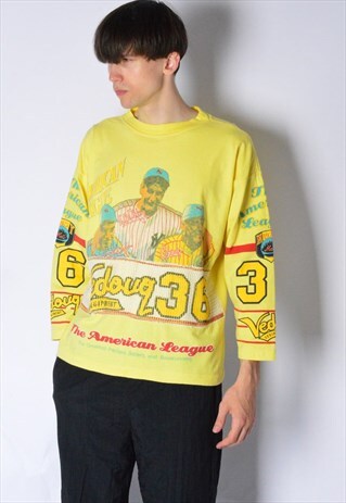 VINTAGE 80S YELLOW GRAPHIC NY AMERICAN BASEBALL SPORTS SHIRT