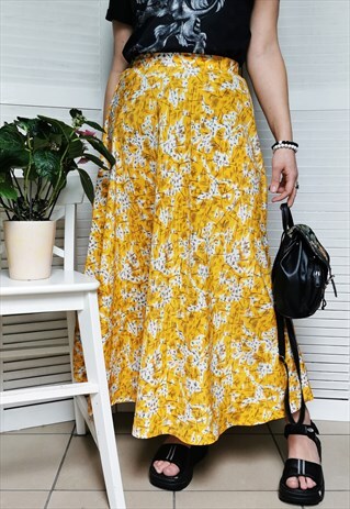 VINTAGE 90S YELLOW ABSTRACT PRINT FULL MAXI SUMMER SKIRT