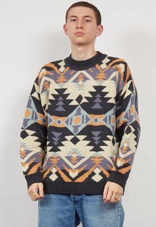 VINTAGE 80'S GEO PATTERN HIGH NECK STATEMENT KNIT JUMPER