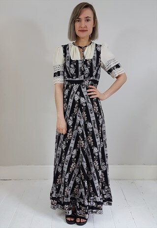 VINTAGE 70'S BOHO DARK FLORAL CROCHET SLEEVE MAXI DRESS