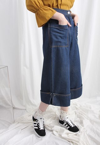 (KOREAN) HIGH WAIST WIDE LEGS MID LENGTH DENIM TROUSERS
