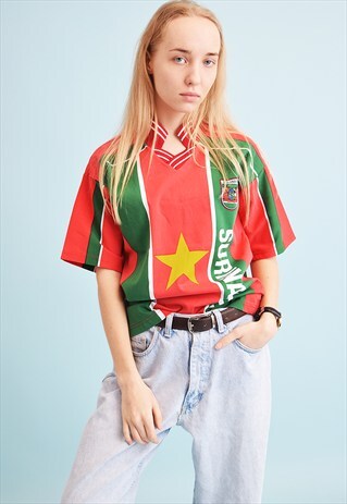 80'S RETRO FLAG PRINT ATHLEISURE VARSITY JERSEY T-SHIRT TEE