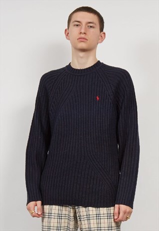 VINTAGE 90'S RALPH LAUREN NAVY CHUNKY RIB KNIT JUMPER