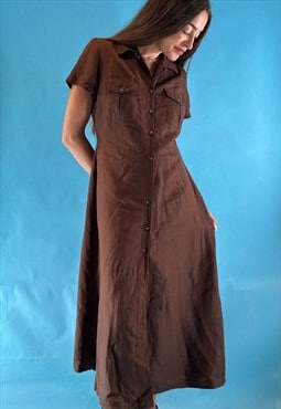 Vintage 1970s Style Brown Linen Blend Maxi Shirt Dress