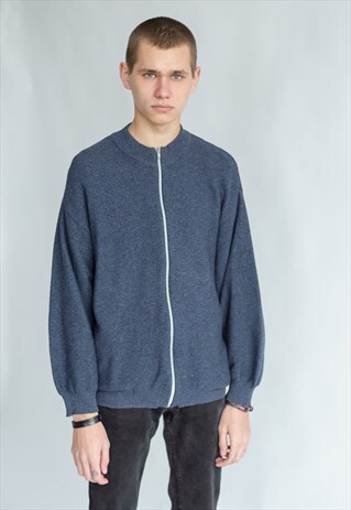 VINTAGE 90S BLUE ZIP UP CARDIGAN IN BOMBER STYLE