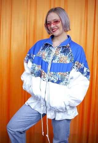 VINTAGE 90S WINDBREAKER JACKET WHITE BLUE ORANGE BOMBER