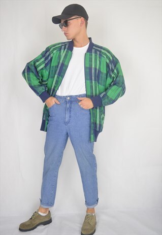 VINTAGE GREEN CHECKERED BOMBER JACKET