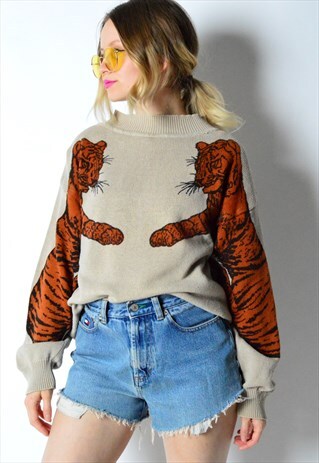 VINTAGE 90S BEIGE KNIT TIGER PRINT DROP SHOULDER JUMPER