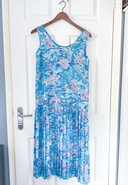 Vintage 80s Floral Print Sleeveless Midi Dress in Blue 
